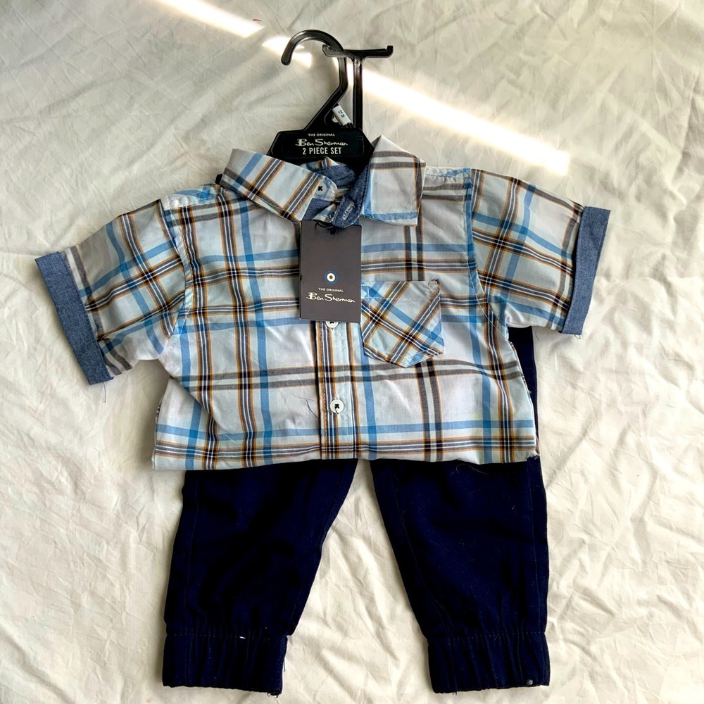 Ben Sherman Baby Boys Plaid Shirt Navy Pants Set - 12M NWT